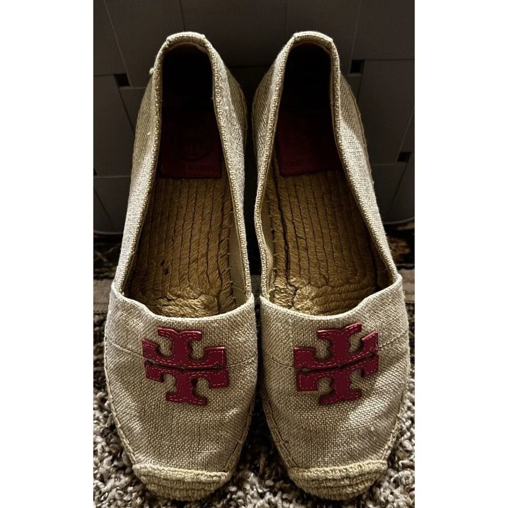 EUC Tory Burch Weston Women Beige Pink Logo Slip On Espadrilles Flats Shoe Sz 7